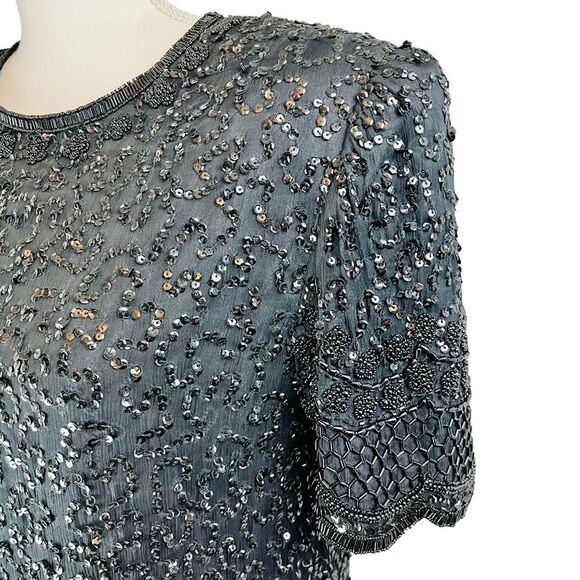 Vintage LAURENCE KAZAR Black Fully Beaded Shift Dress Short Sleeve Silk Art Deco - Picture 9 of 16